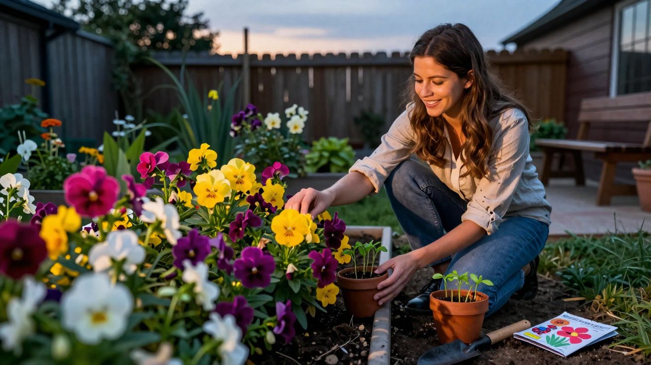 Mulher sorridente cuidando de flores coloridas em um jardim ao entardecer.