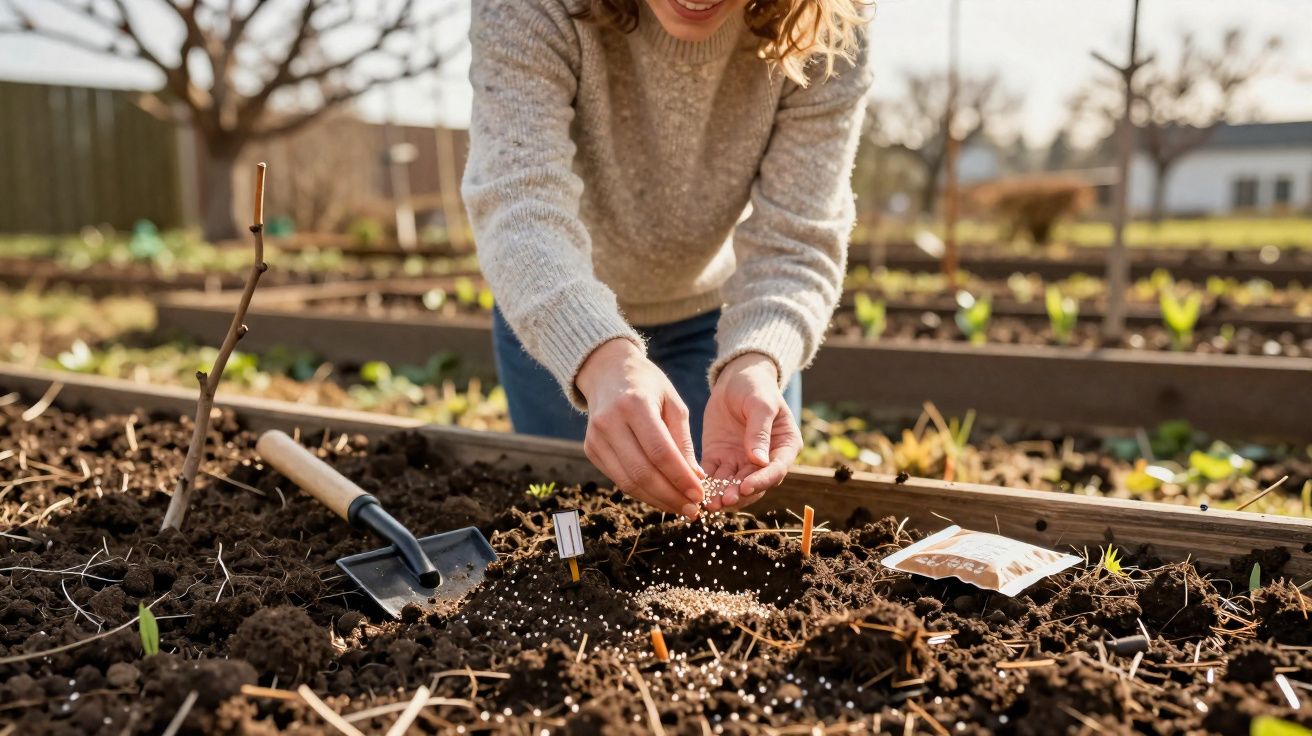 Pessoa com suéter cinza plantando sementes em canteiro de terra em horta ao ar livre.