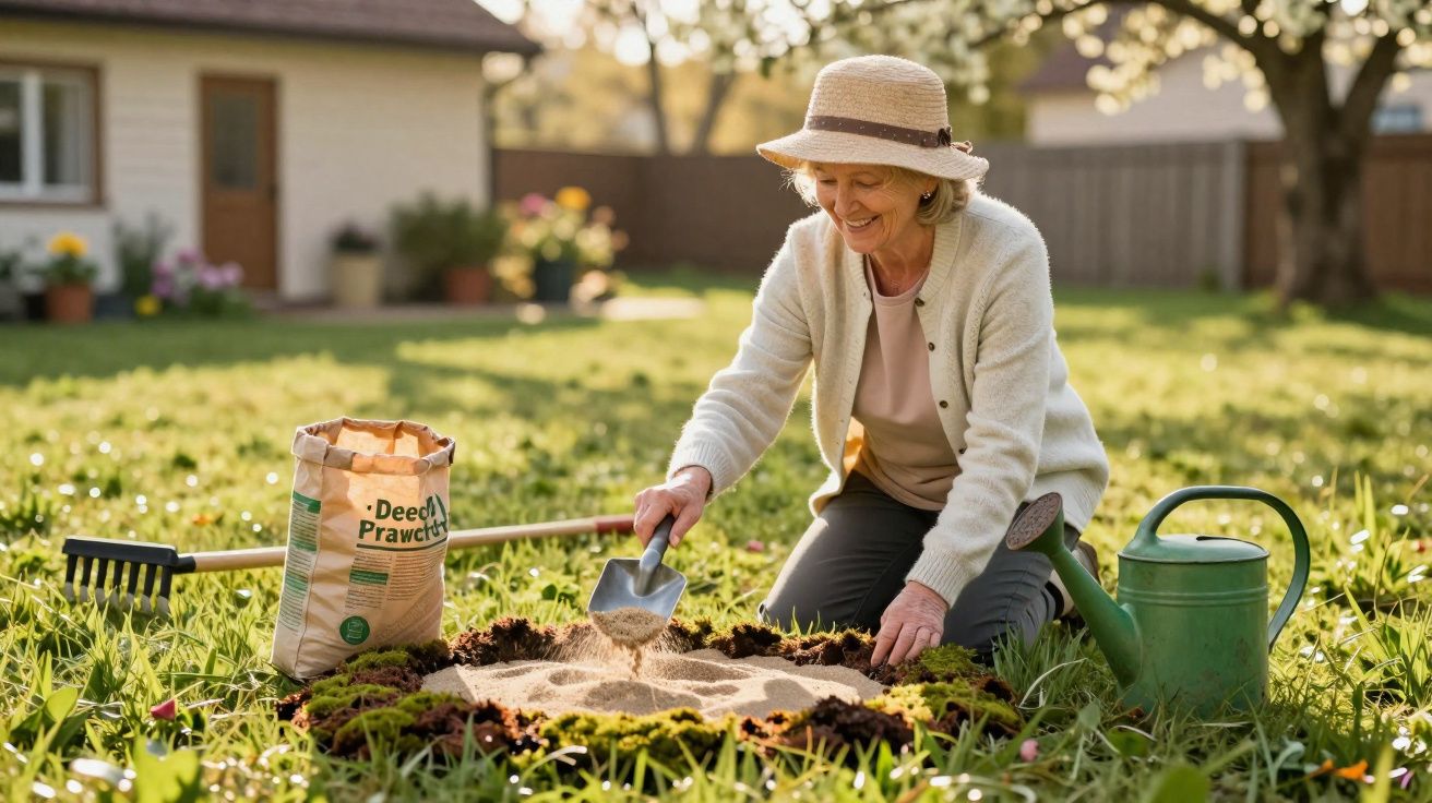 Mulher idosa sorrindo enquanto prepara jardim com terra e regador em dia ensolarado.