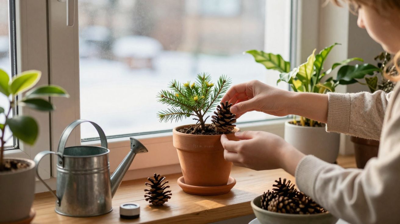 Pessoa colocando pinha em vaso com pequeno pinheiro ao lado de regador em janela iluminada por luz natural