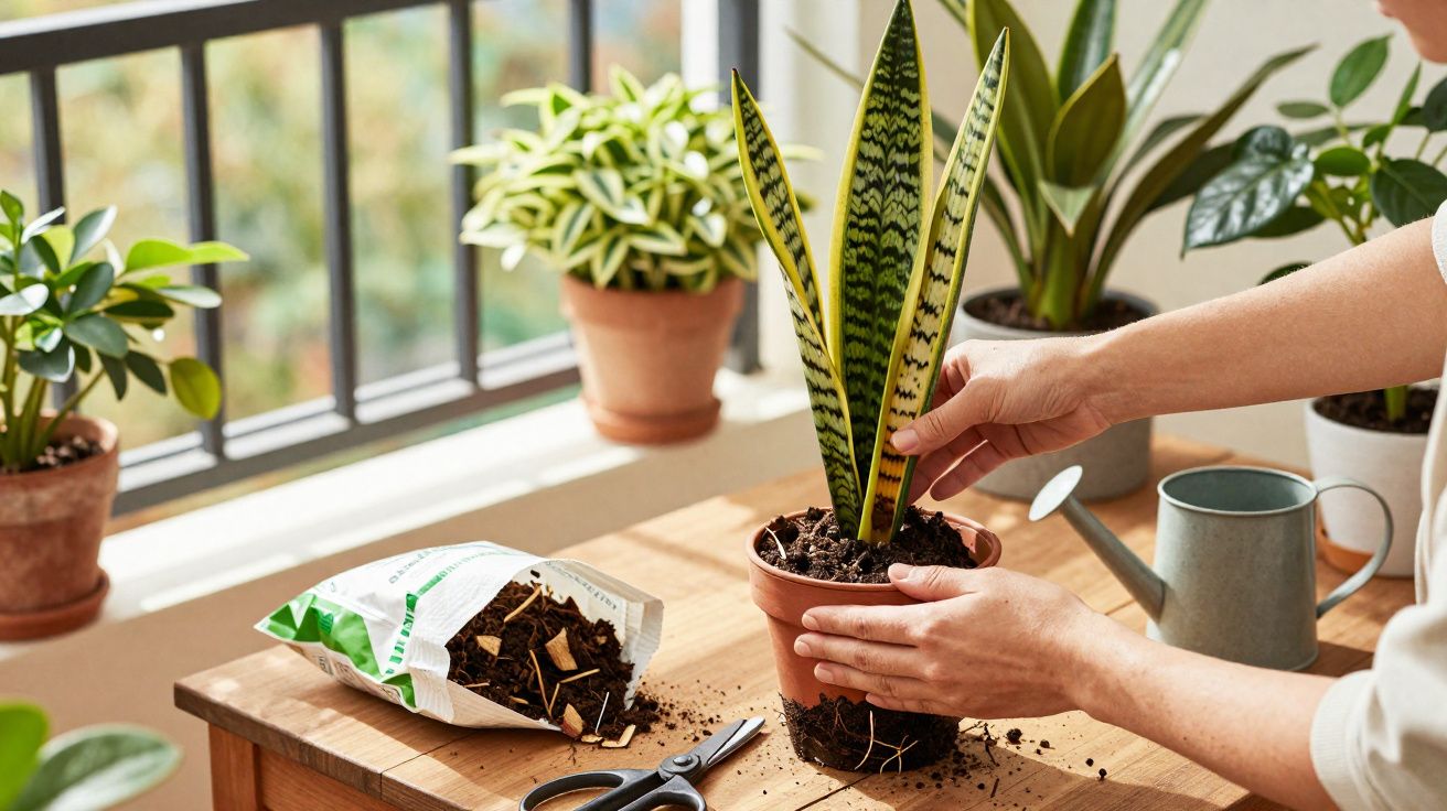 Pessoa transplantando planta sansevieria em vaso de cerâmica, com ferramentas e terra sobre mesa de madeira.