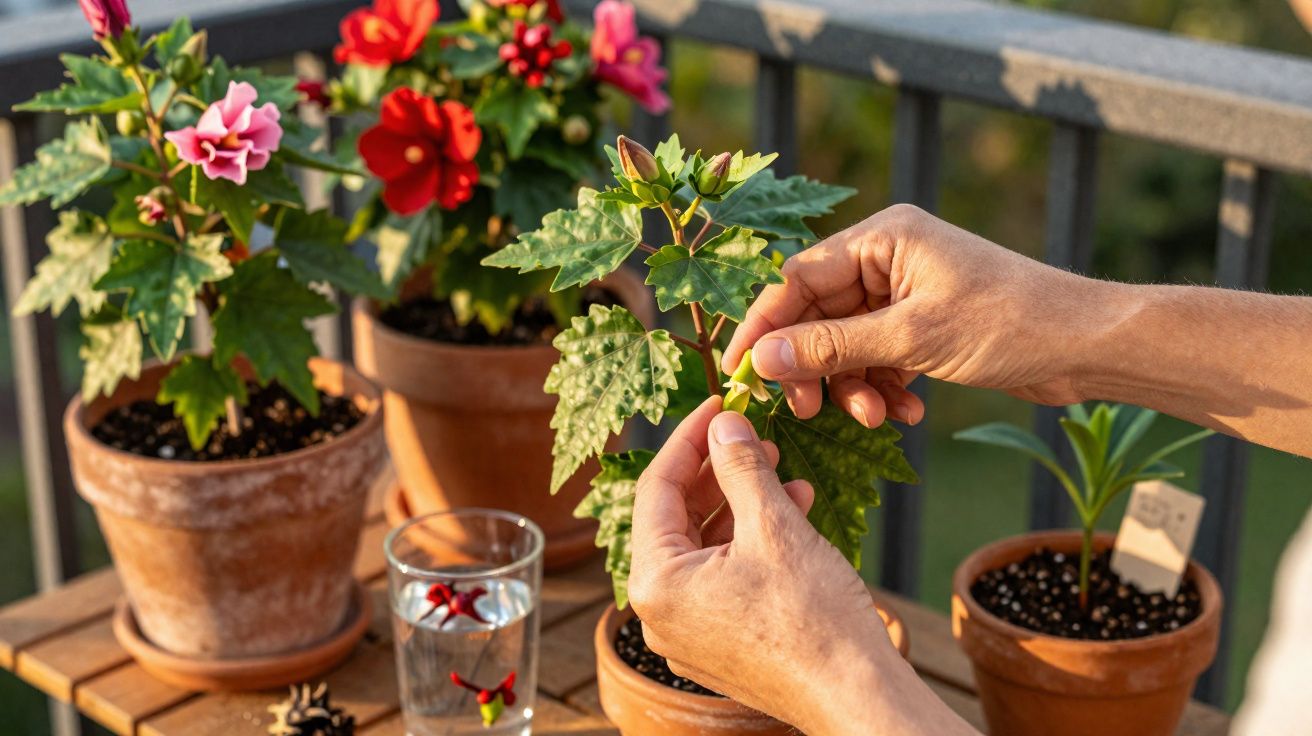 Mãos podando planta em vaso com flores coloridas sobre mesa de madeira em varanda ensolarada.