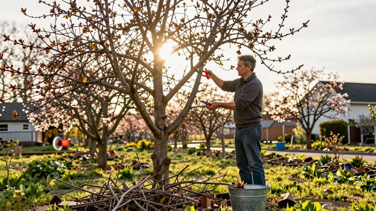 Homem podando árvore em pomar ensolarado com flores e plantações ao redor ao entardecer.