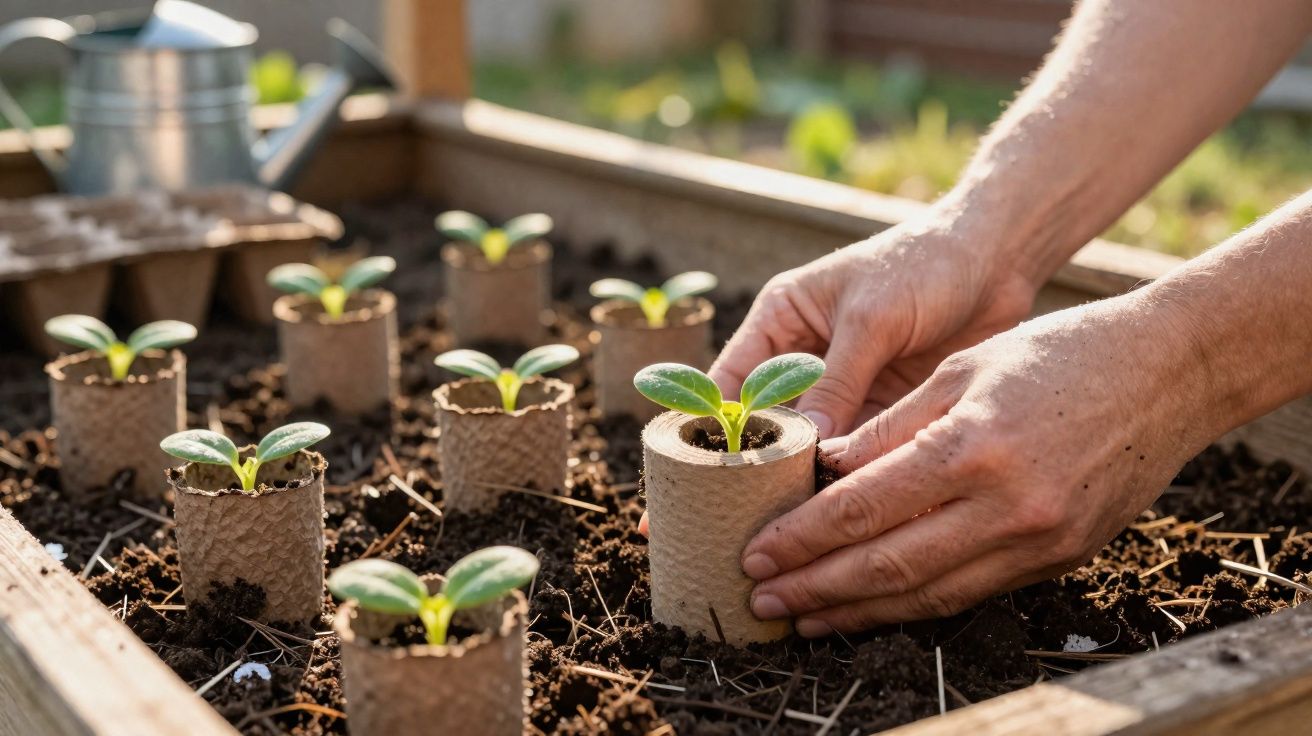 Mãos plantando mudas em pequenos vasos biodegradáveis em canteiro de terra ao ar livre.