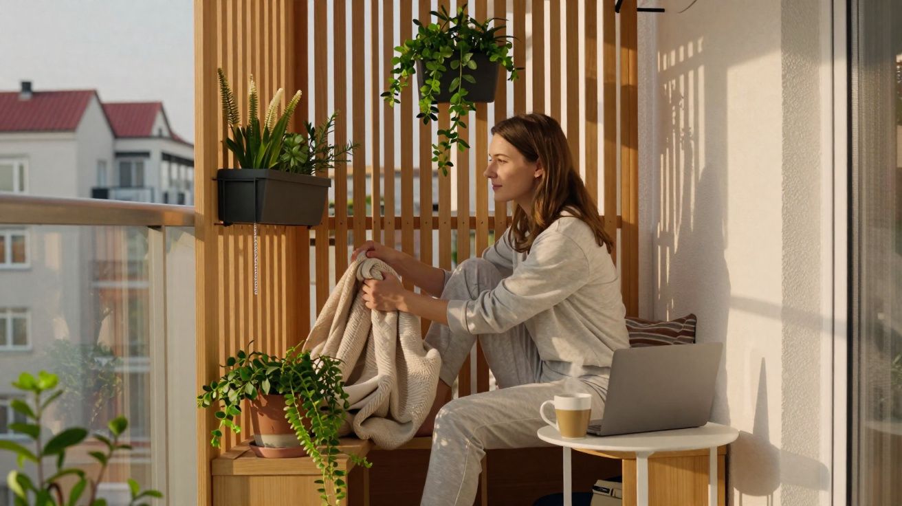 Mulher sentada em varanda com plantas, segurando cobertor, ao lado de mesa com laptop e café.