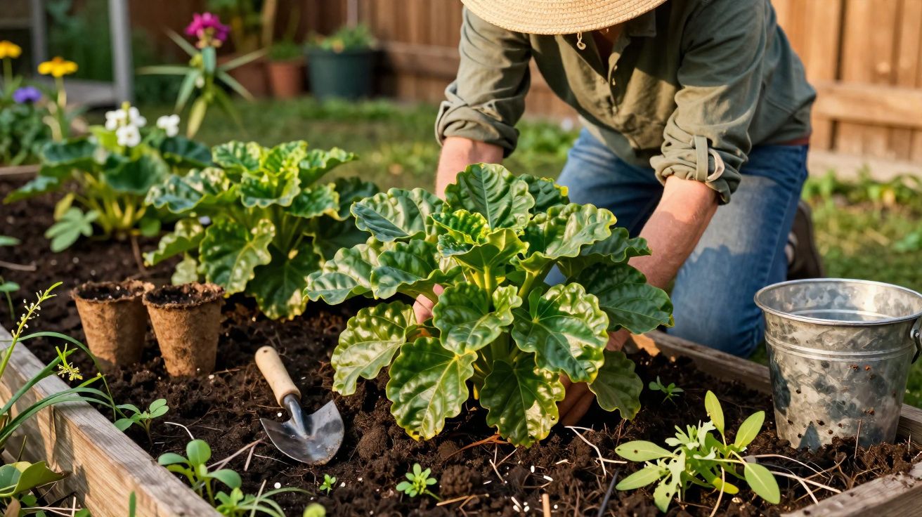 Pessoa plantando muda verde em canteiro de madeira com ferramentas de jardinagem e balde metálico.