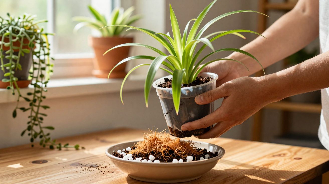 Pessoa transplantando planta com folhas verdes para vaso em mesa de madeira com luz natural.