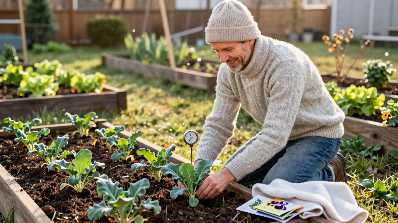 Homem sorridente cuidando de plantas em canteiro elevado de jardim ensolarado.