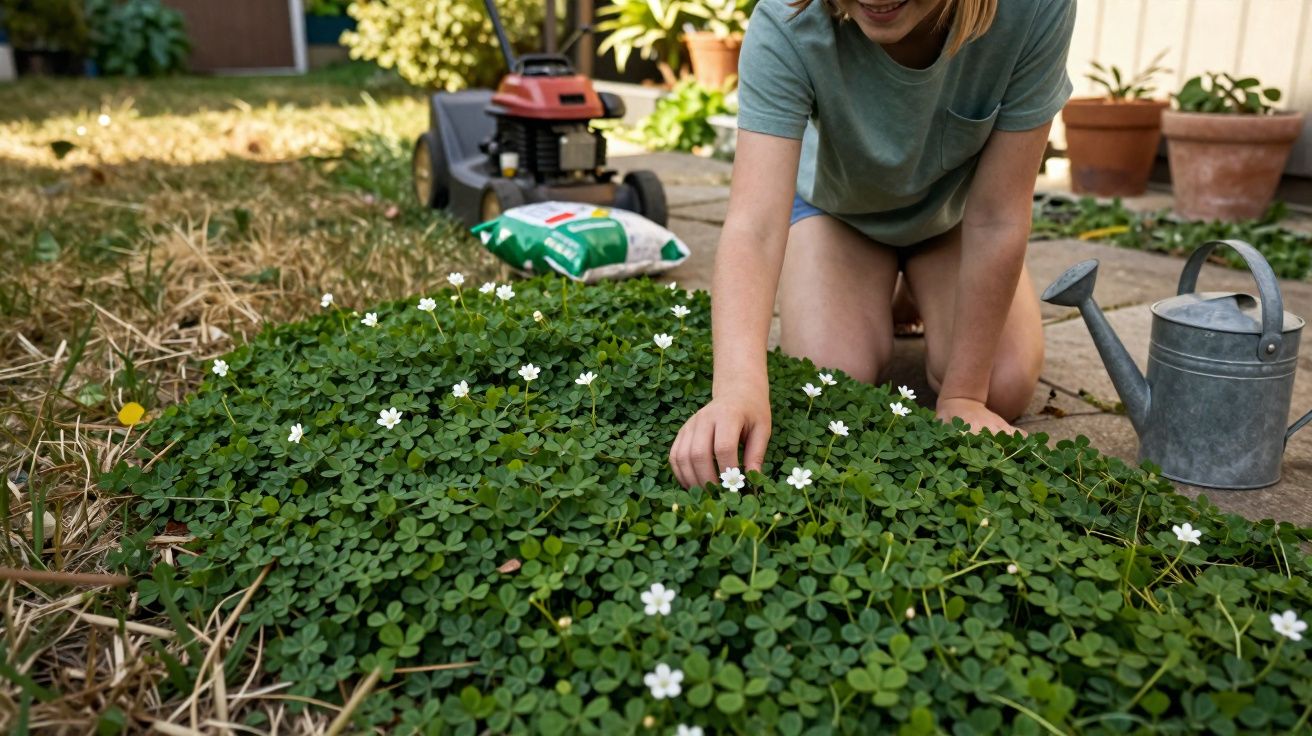 Pessoa agachada cuidando de plantas com flores brancas em jardim, com regador e cortador de grama ao fundo.