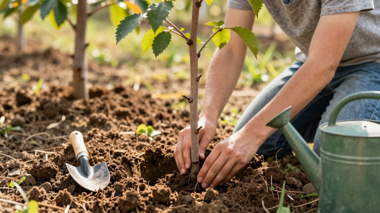 Pessoa plantando muda de árvore no solo, com regador e pá ao lado, em área ao ar livre.
