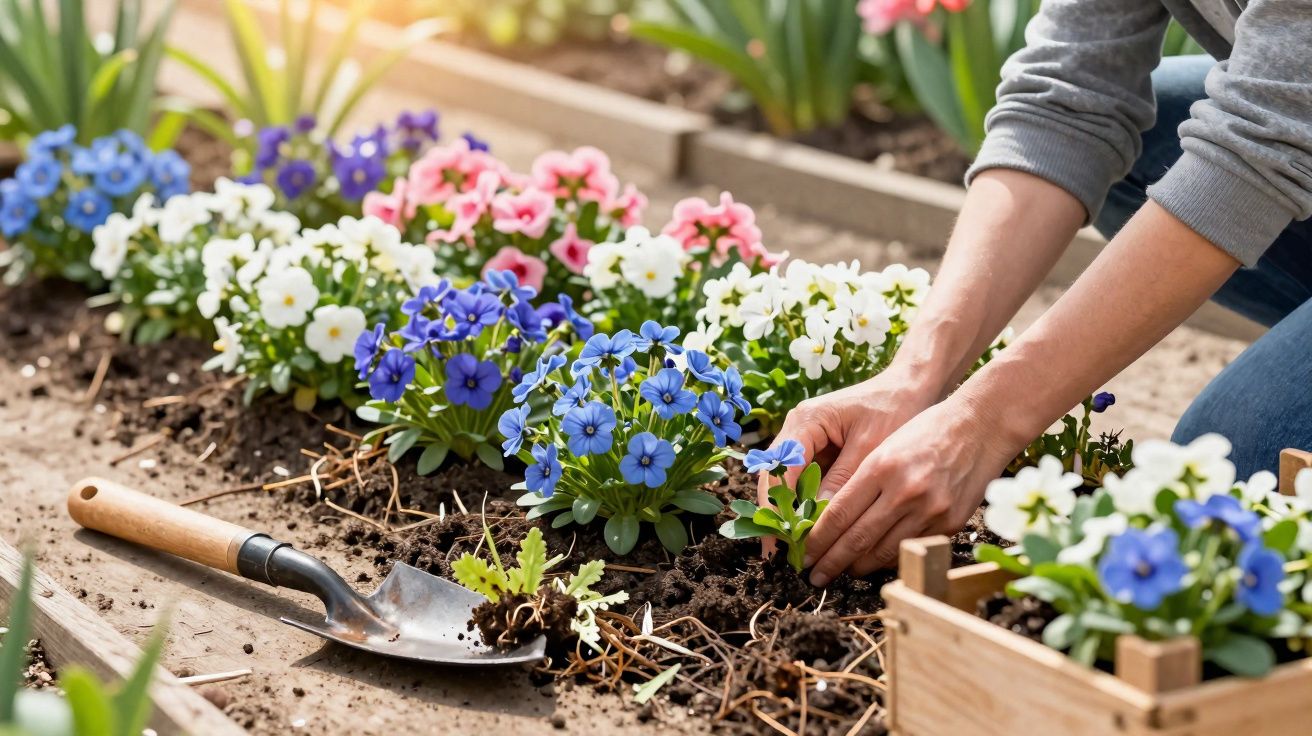 Pessoa plantando flores coloridas em canteiro com pá de jardinagem ao lado.