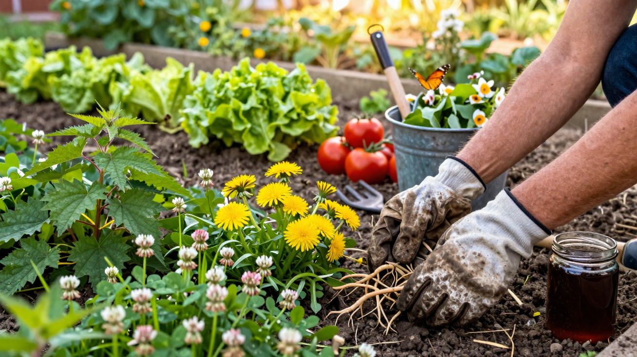 Pessoa com luvas de jardinagem removendo plantas daninhas em canteiro com flores, tomates e vegetais.