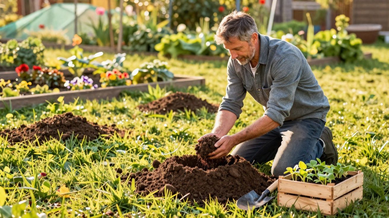Homem ajoelhado cuidando da terra em jardim com mudas e flores ao redor em dia ensolarado.