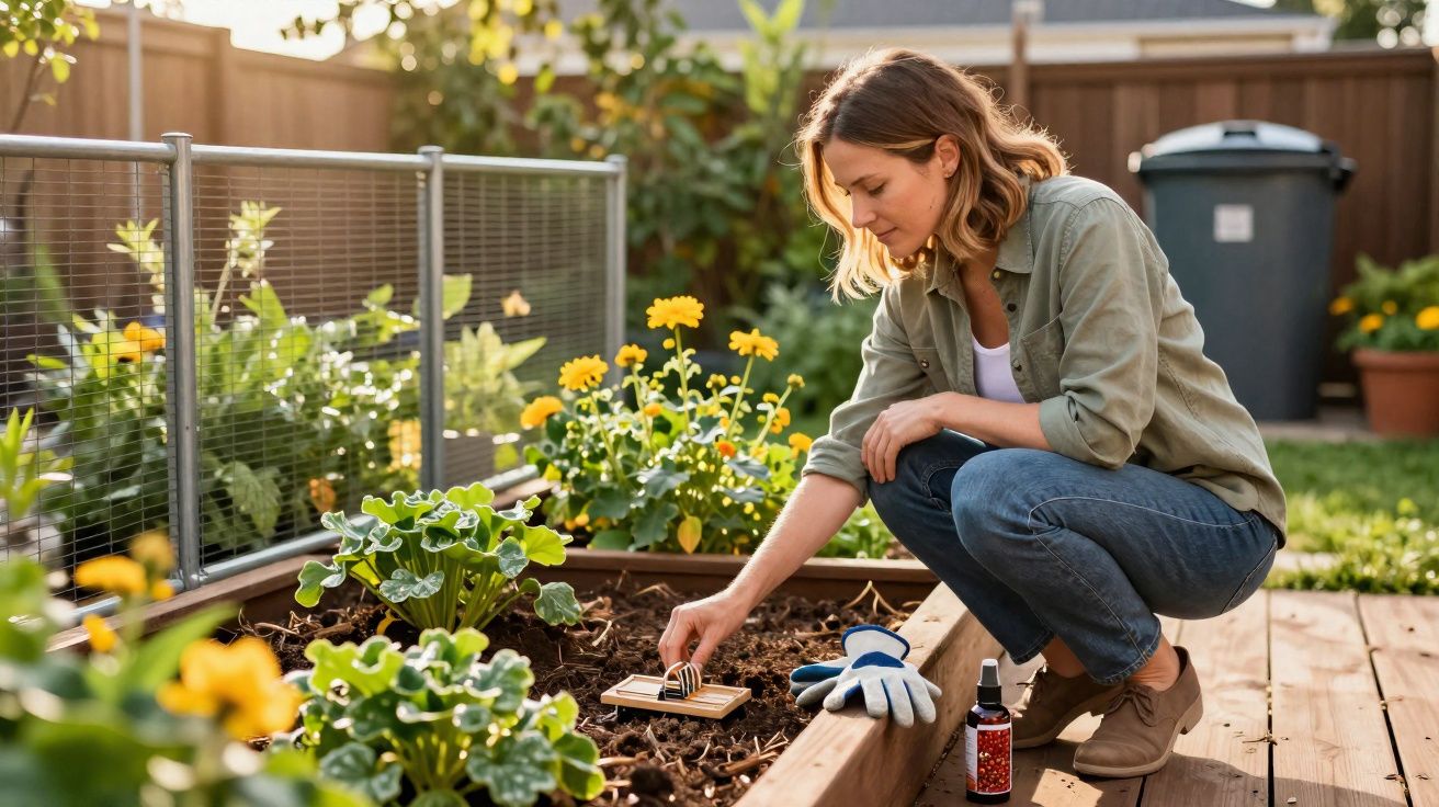 Mulher cuidando de plantas em jardim suspenso com flores amarelas em área externa ensolarada.