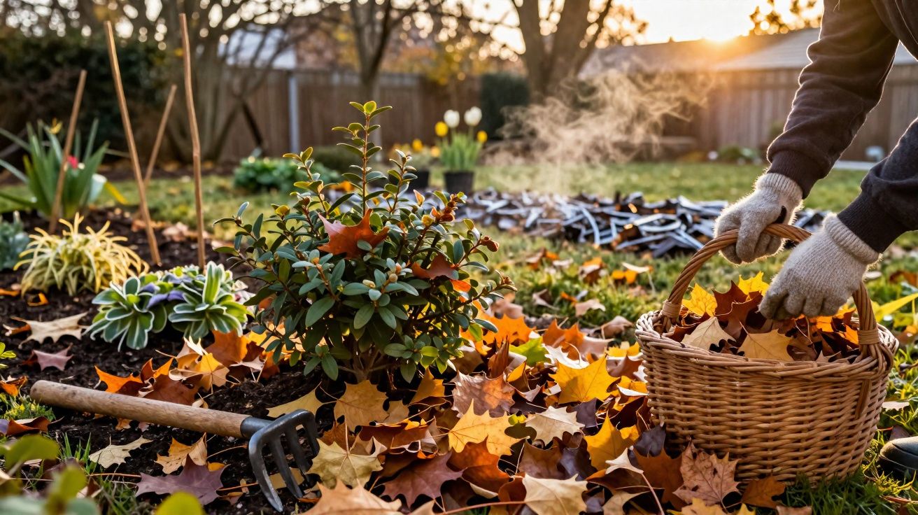 Pessoa recolhendo folhas secas em cesta sobre jardim com plantas ao entardecer