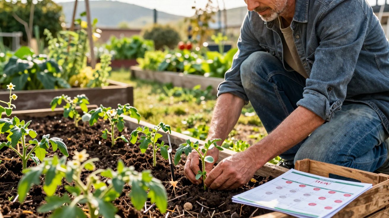 Homem cuidando de mudas em canteiro de jardim com calendário ao lado em dia ensolarado.