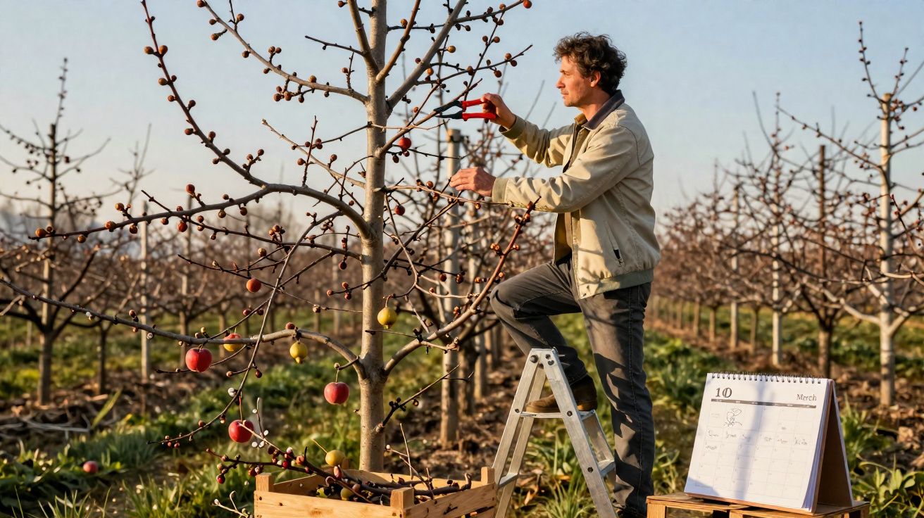 Homem podando árvore frutífera em pomar, com caixa de madeira e calendário ao lado.