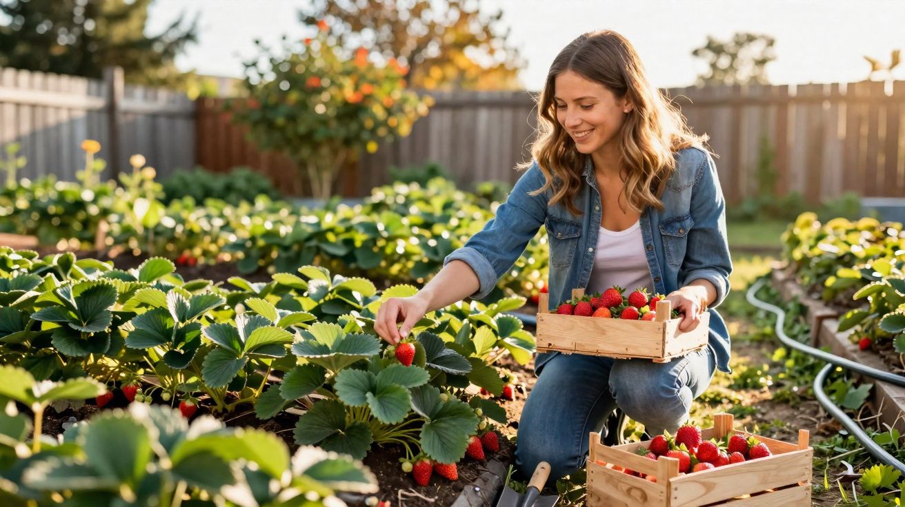 Mulher colhendo morangos em jardim ao ar livre, segurando caixa de madeira com frutos.