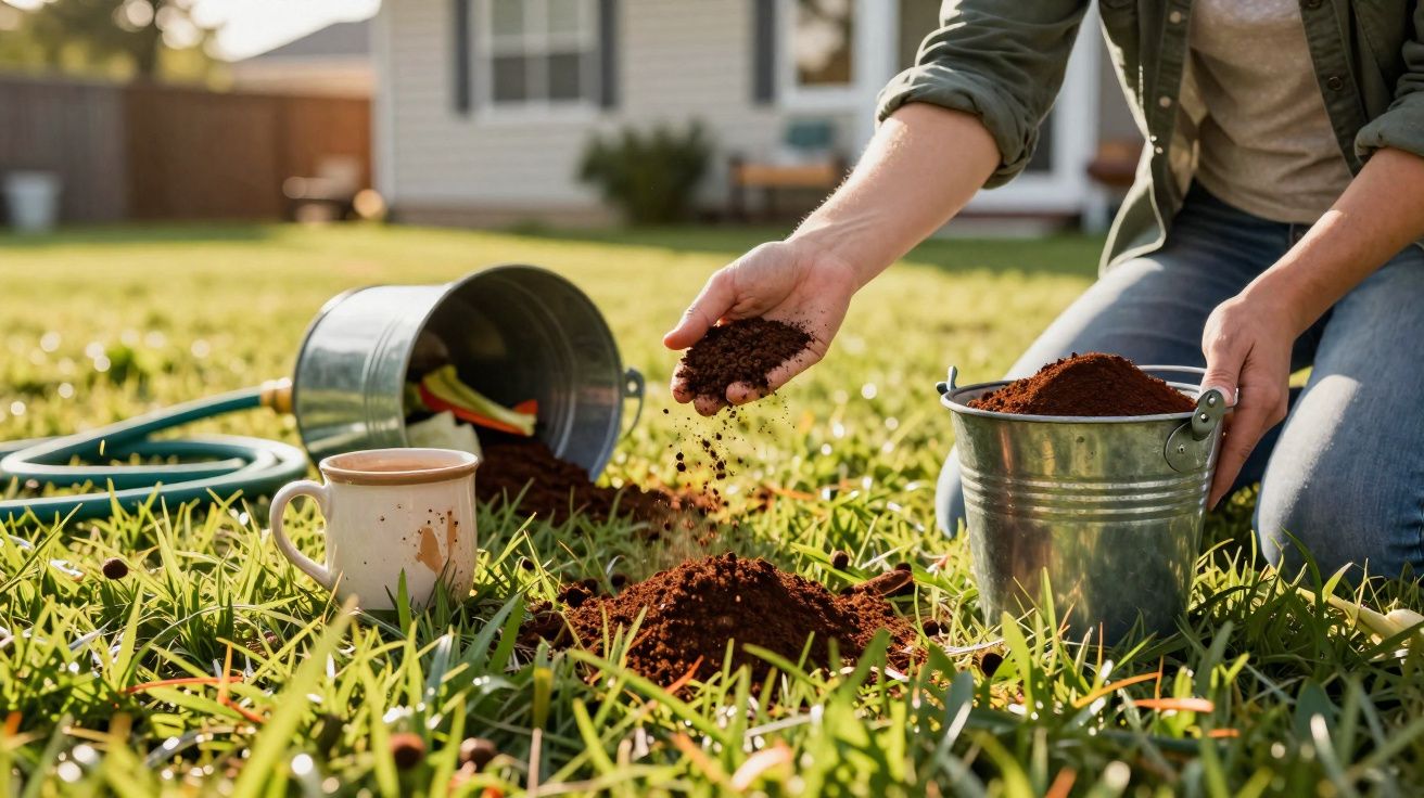 Pessoa espalhando terra em um jardim ensolarado, com baldes metálicos, mangueira e caneca ao redor.