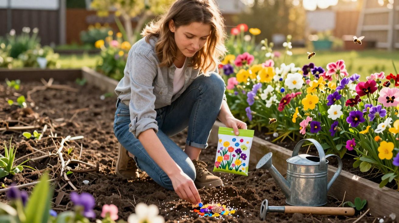 Mulher plantando sementes coloridas em jardim com flores e regador ao lado em dia ensolarado.