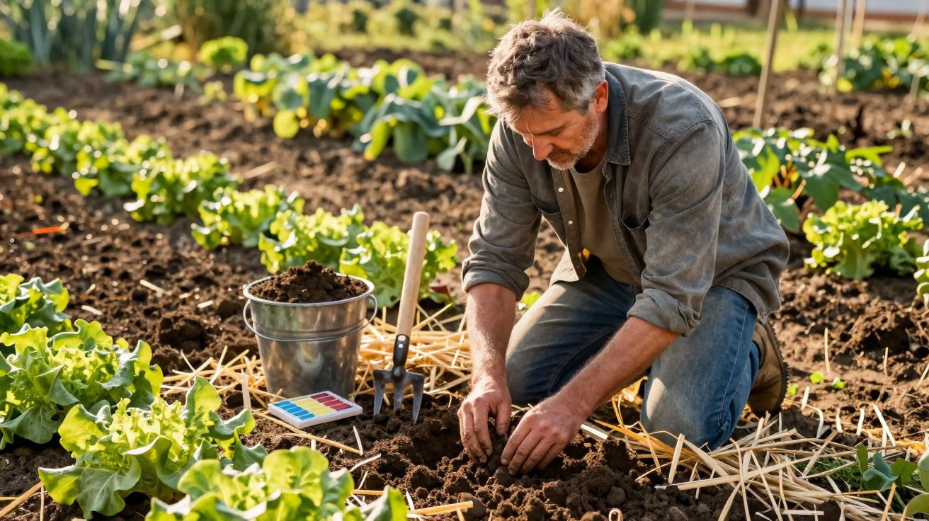 Homem plantando muda em horta, cercado de alfaces e ferramentas de jardinagem ao seu lado.