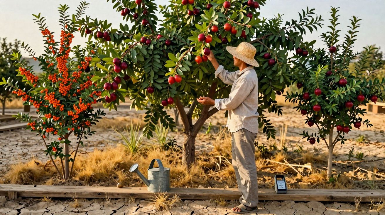 Pessoa colhendo frutas vermelhas em árvore em terreno seco com regador e planta ao redor.