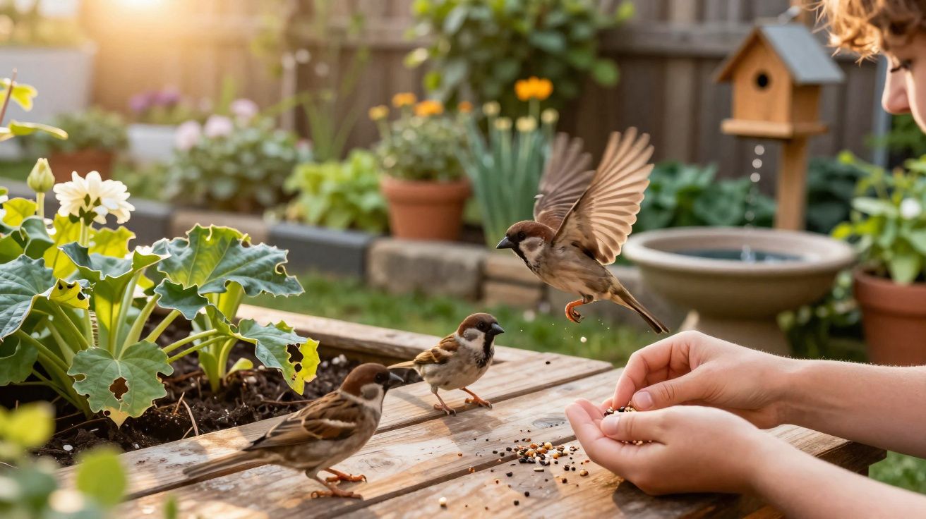 Pessoa alimentando pardais em um jardim com plantas e luz do sol ao fundo.