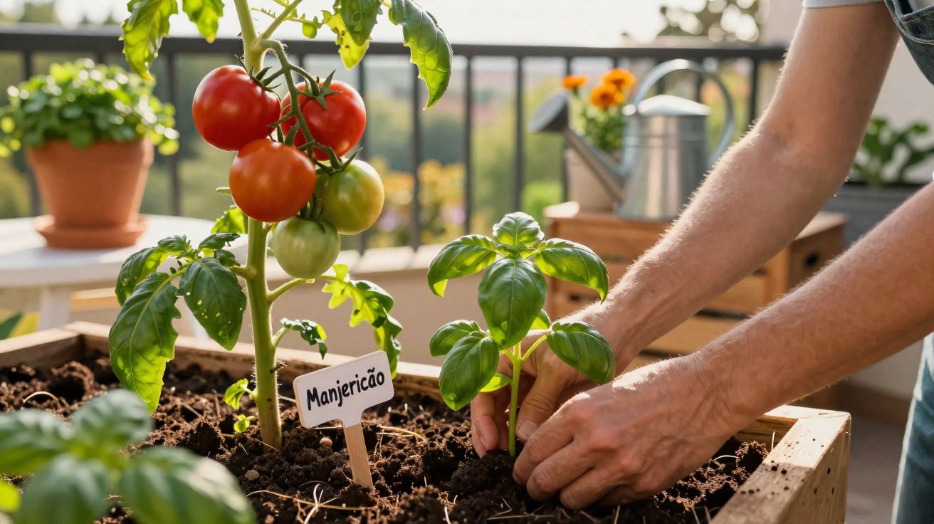 Pessoa transplantando manjericão em vaso com planta de tomateiros maduros em varanda ensolarada.