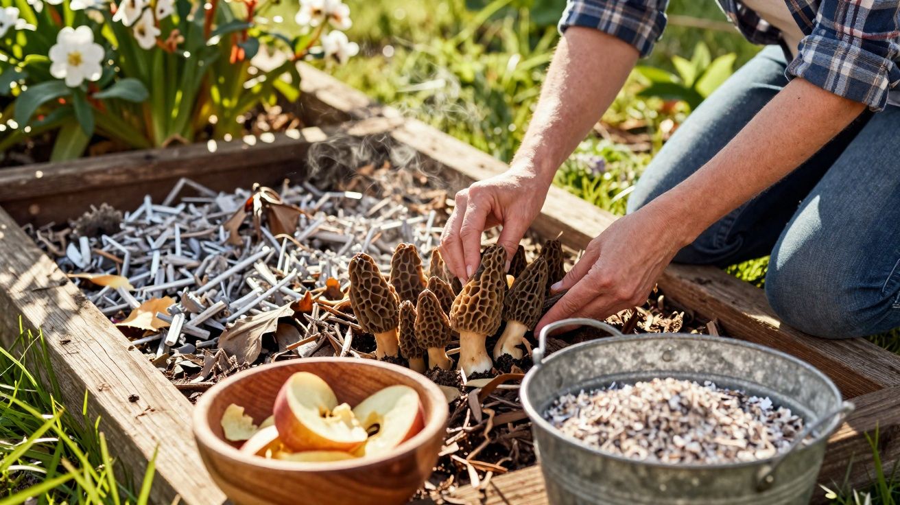 Pessoa colhendo cogumelos Morel em canteiro de madeira no jardim, próximo a tigela de maçãs fatiadas.