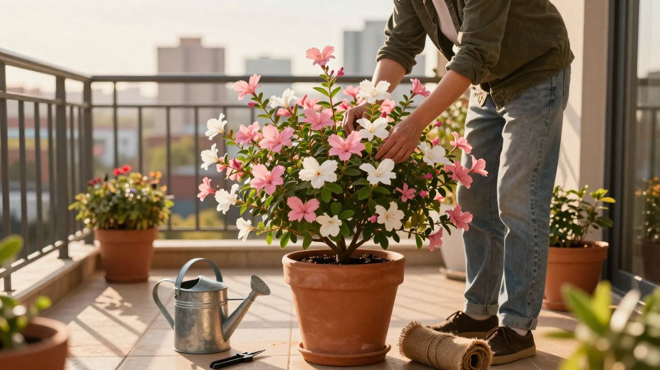 Pessoa cuidando de plantas floridas em vasos de cerâmica em varanda ensolarada com regador e tapete ao lado.