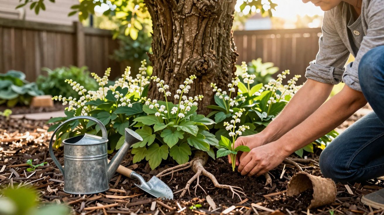 Pessoa plantando flores em um jardim ao redor de uma árvore com regador e pá de jardinagem.