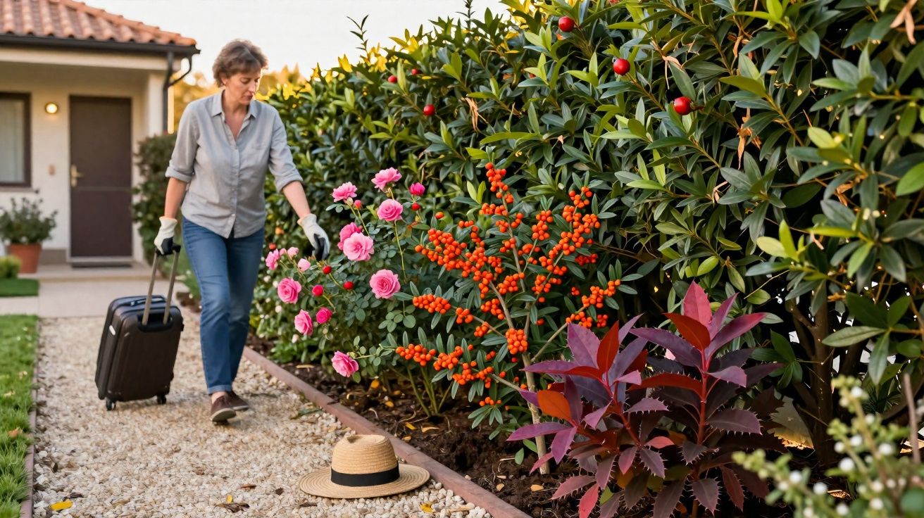 Mulher puxa mala em jardim com flores rosas e frutos vermelhos, chapéu de palha no chão, em casa.