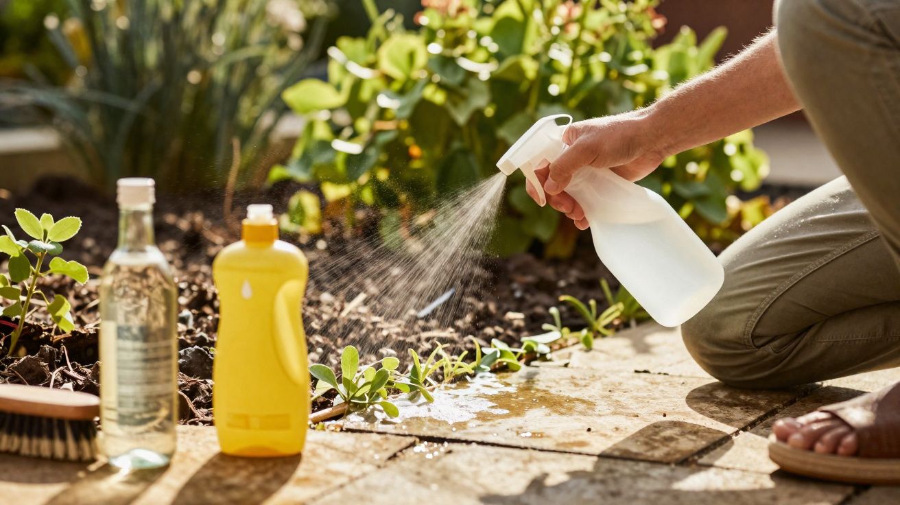 Pessoa pulverizando plantas em jardim com borrifador branco, produtos e escova ao lado.