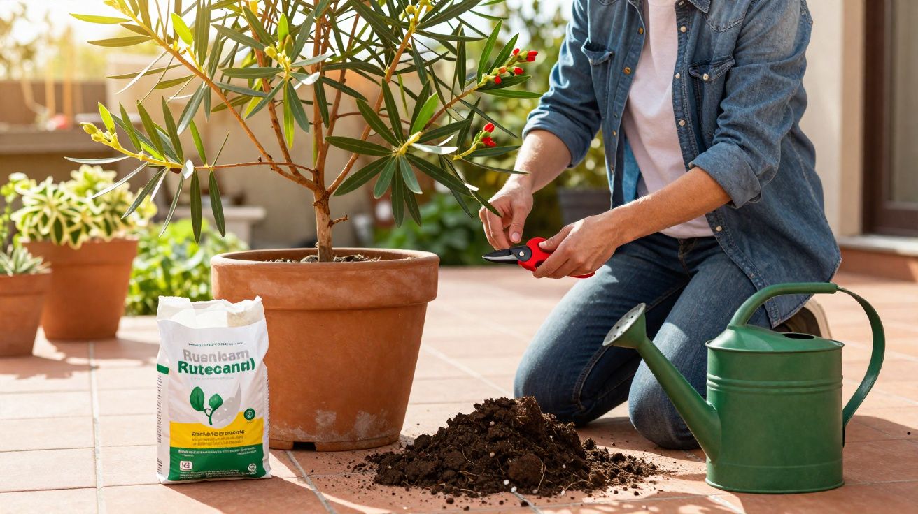 Pessoa cuidando de planta em vaso com podador, regador, saco de adubo e terra espalhada no chão.