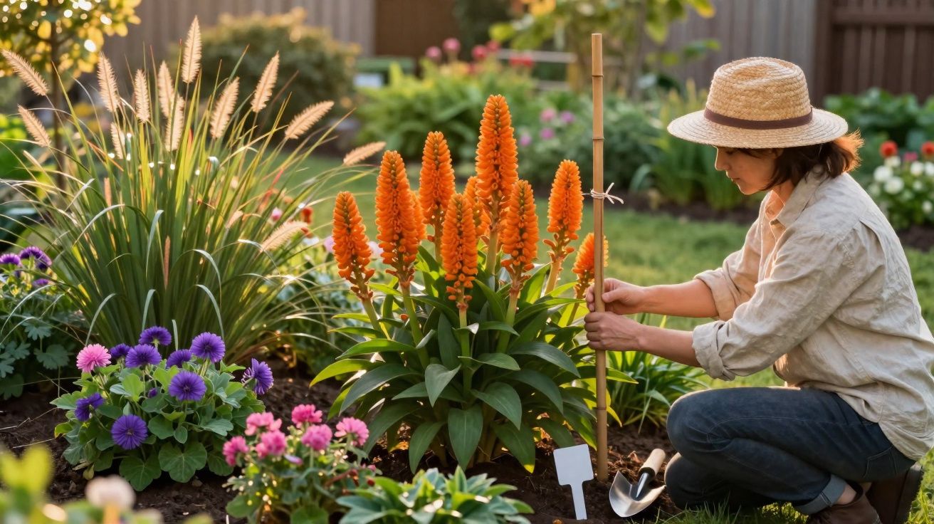 Mulher com chapéu cuidando de flores laranja em jardim ensolarado com outras flores coloridas.