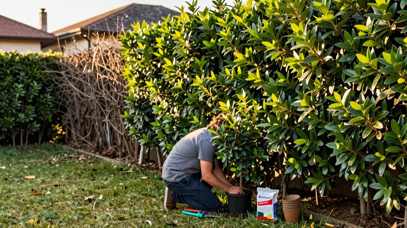 Pessoa agachada cuidando de plantas em vaso próximo a arbustos grandes em jardim residencial.
