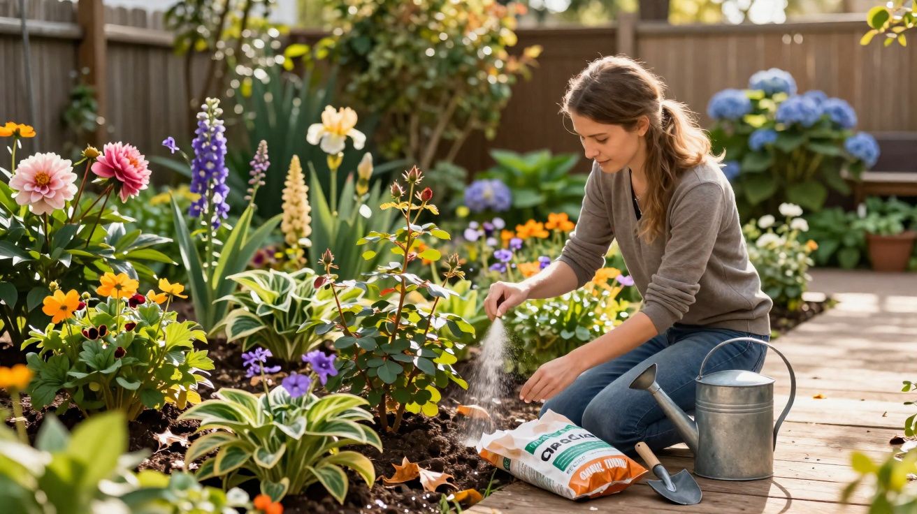 Jovem regando e cuidando de flores coloridas em jardim ensolarado com regador e terra adubada.