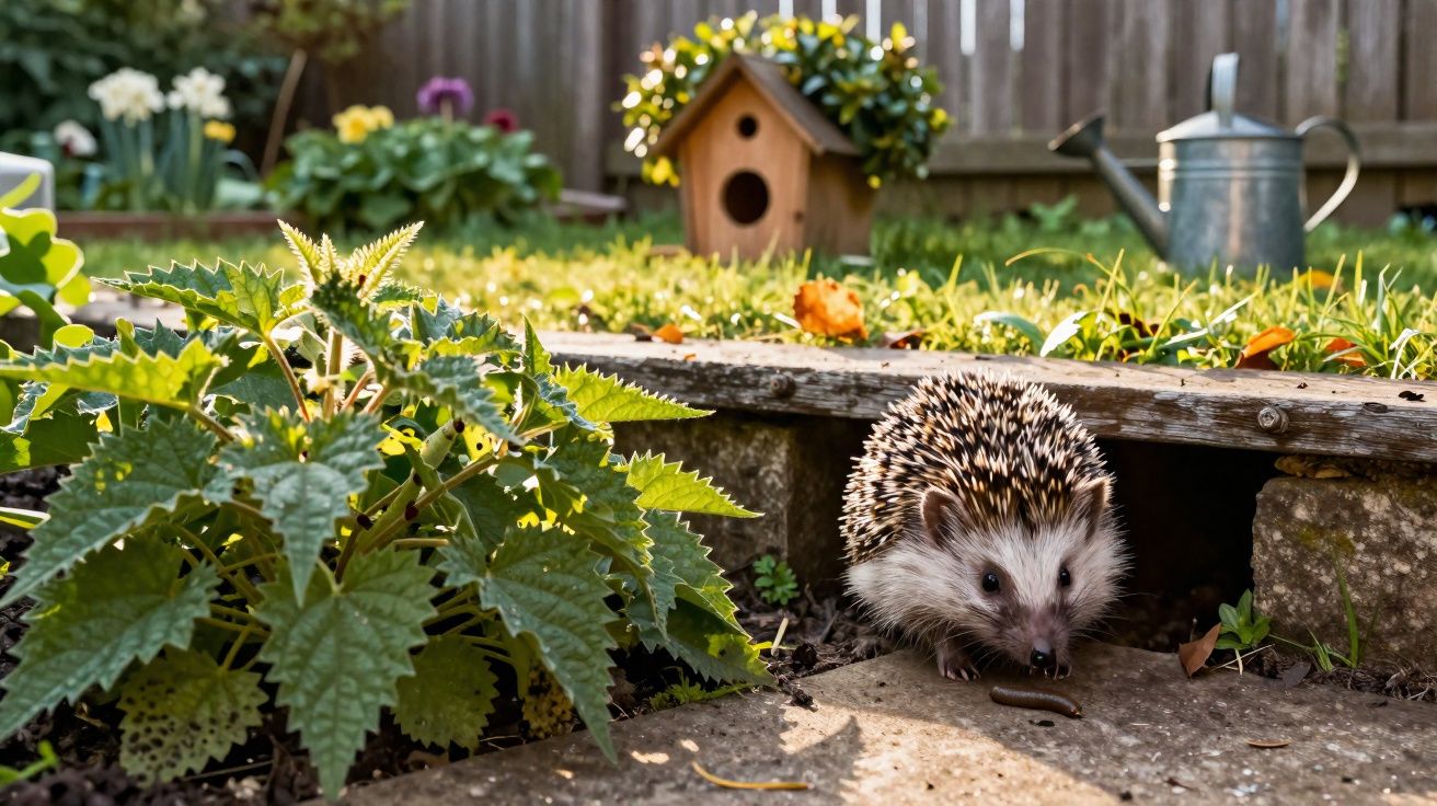 Ouriço saindo de um esconderijo no jardim com cerca, plantas e uma casinha de pássaro ao fundo.