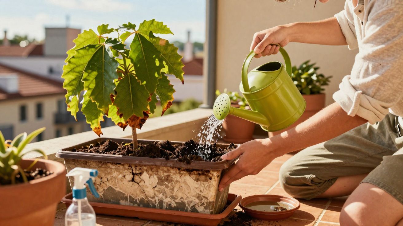Pessoa regando planta em vaso retangular em varanda com regador verde.