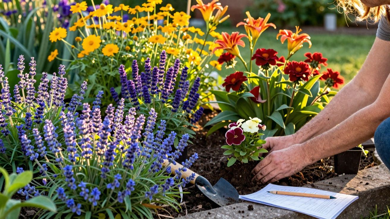 Pessoa plantando flores coloridas em jardim com ferramentas e caderno ao lado sob luz do sol.
