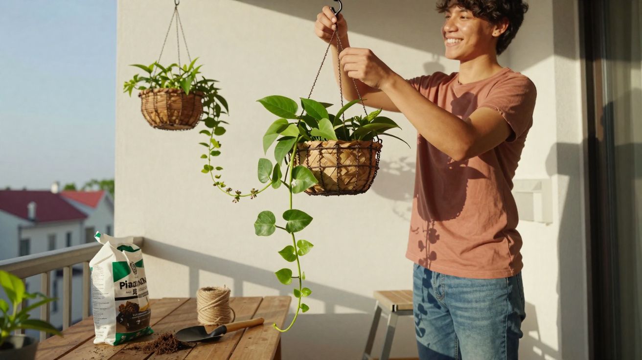 Jovem sorridente pendura vaso de plantas em varanda ensolarada com materiais de jardinagem na mesa.