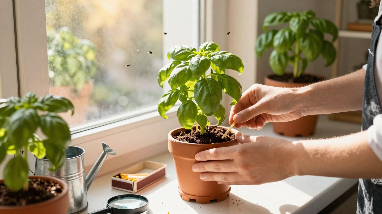 Mãos cuidando de planta de manjericão em vaso perto de janela com régua, caixa de fósforos e regador.