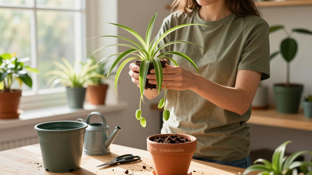 Pessoa transplantando planta para vaso de cerâmica em ambiente interno com luz natural.