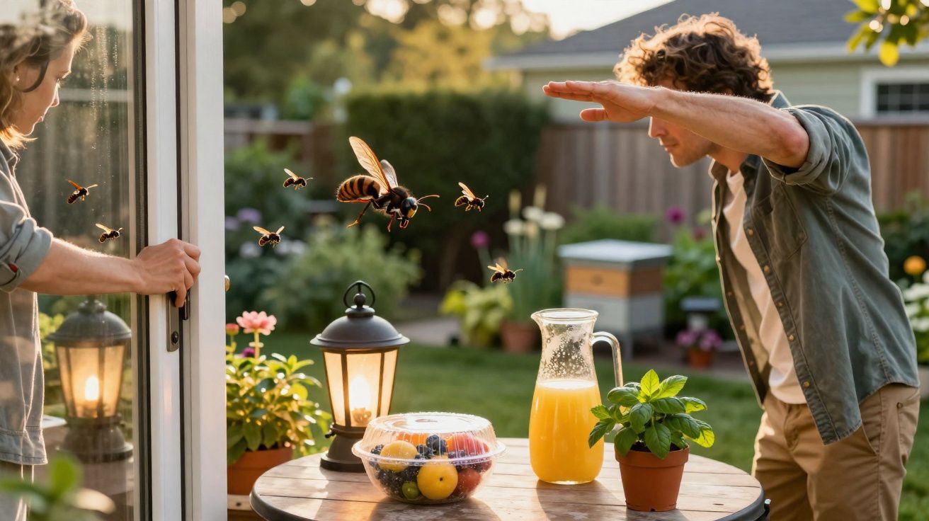 Casal tentando afastar abelhas que voam perto de mesa com jarra de suco e frutas no jardim.