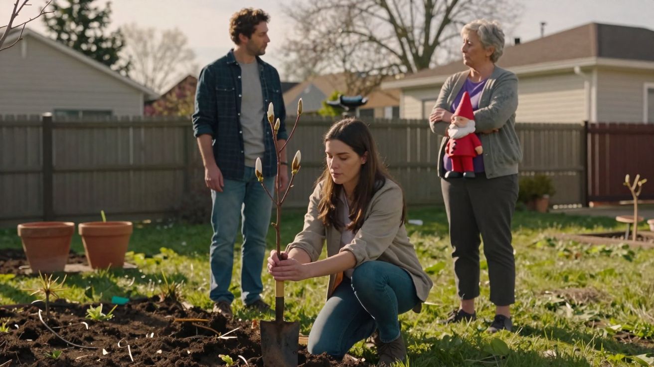 Jovem planta árvore no jardim enquanto homem e idosa segurando gnomo observam em dia de sol.