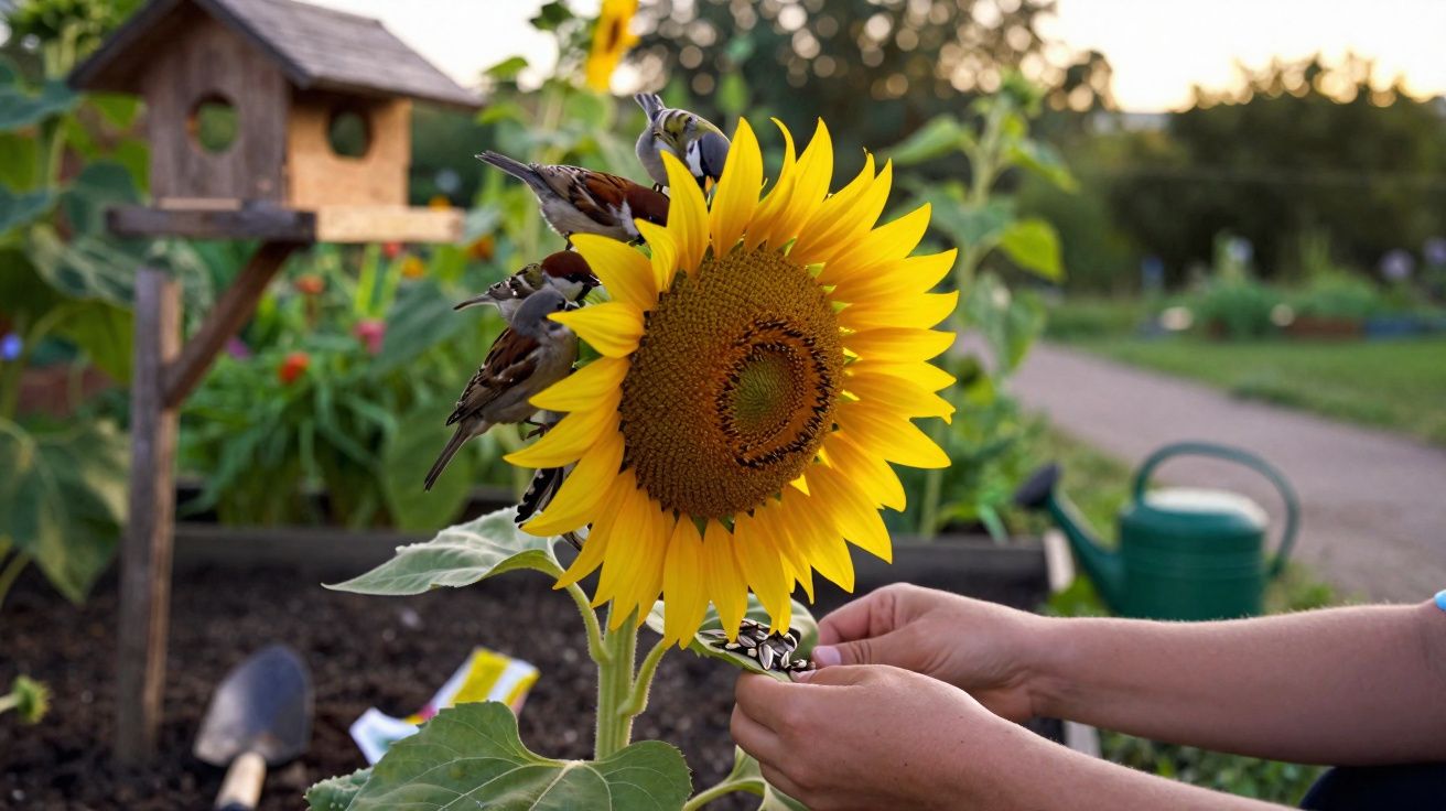 Pássaros pousados em girassol enquanto mãos seguram sementes, com jardim e regador ao fundo.