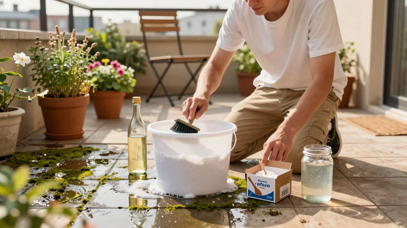 Pessoa limpando com escova e bicarbonato em balde branco na varanda com plantas em vasos.