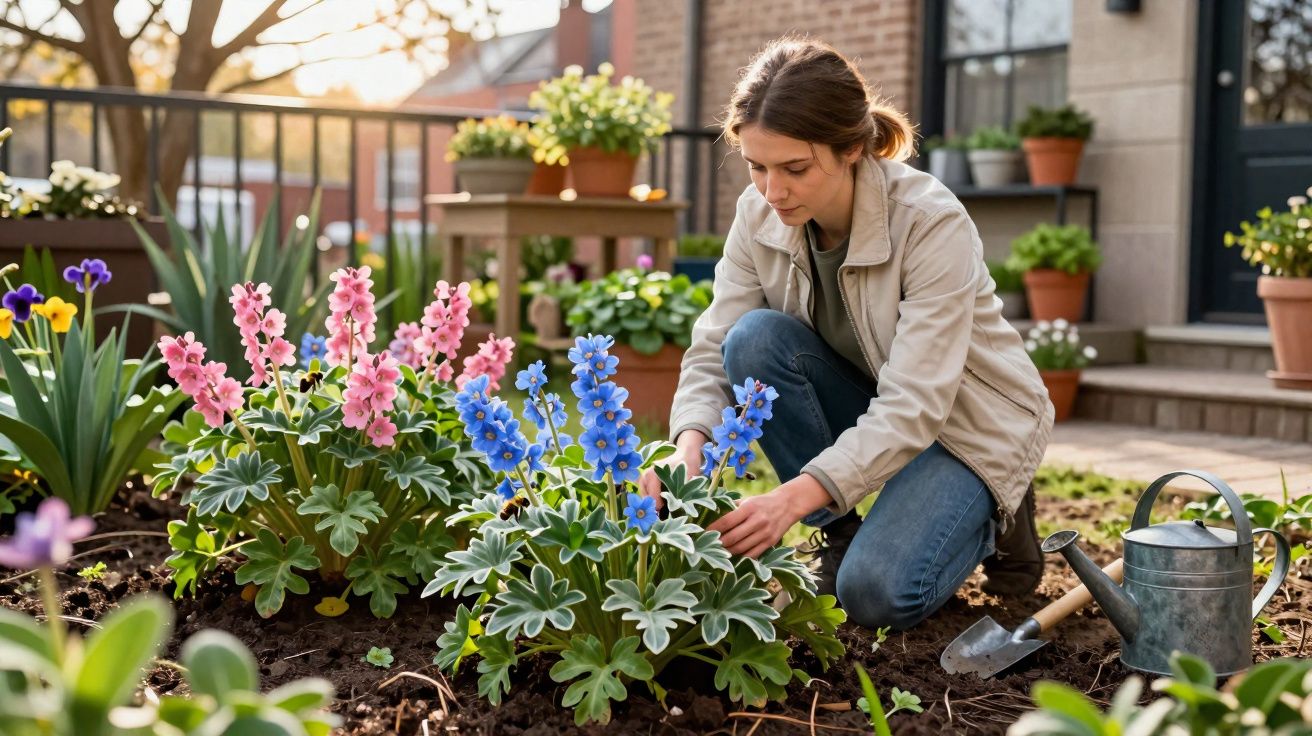 Mulher cuidando de flores rosas e azuis em jardim ao ar livre, com regador e pá ao lado.