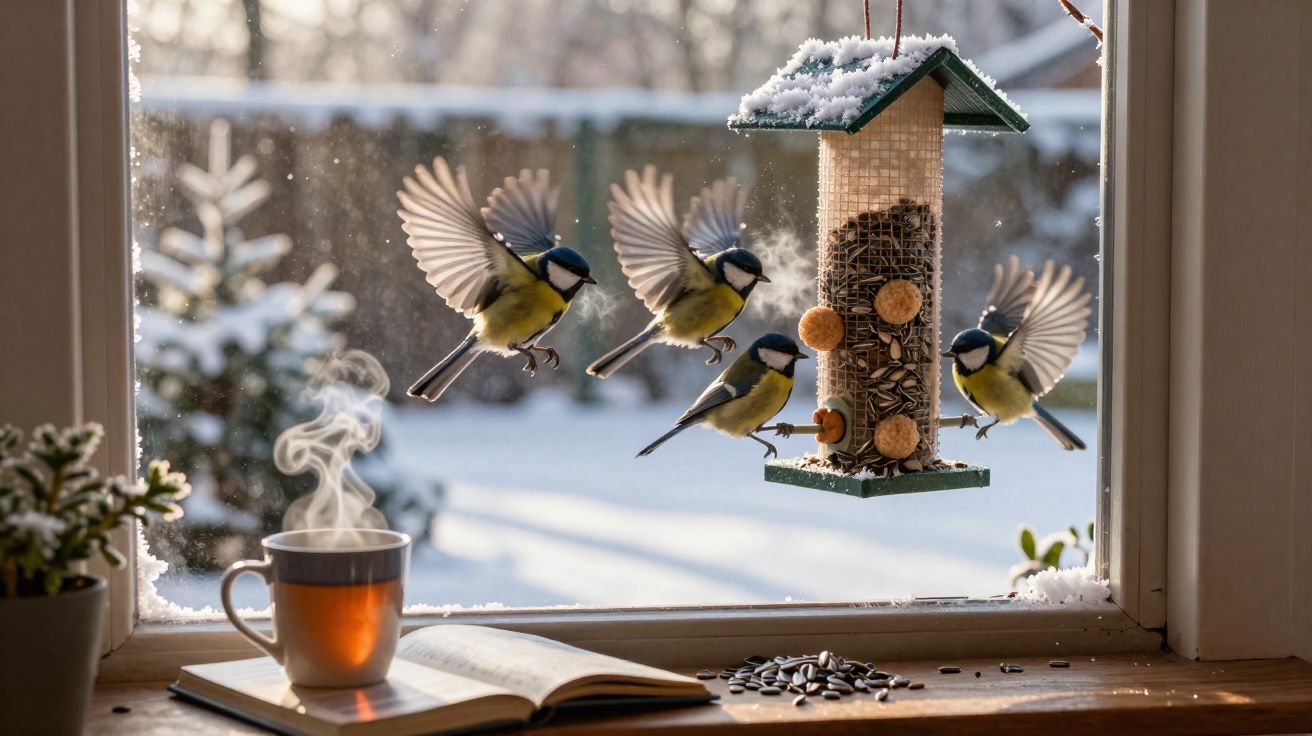 Pássaros alimentando-se em comedouro na janela com xícara de chá e livro aberto em dia de neve.