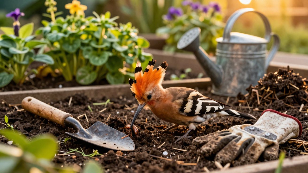 Pássaro colorido com topete em jardim, próximo a ferramenta de jardinagem, luvas e regador em canteiro.